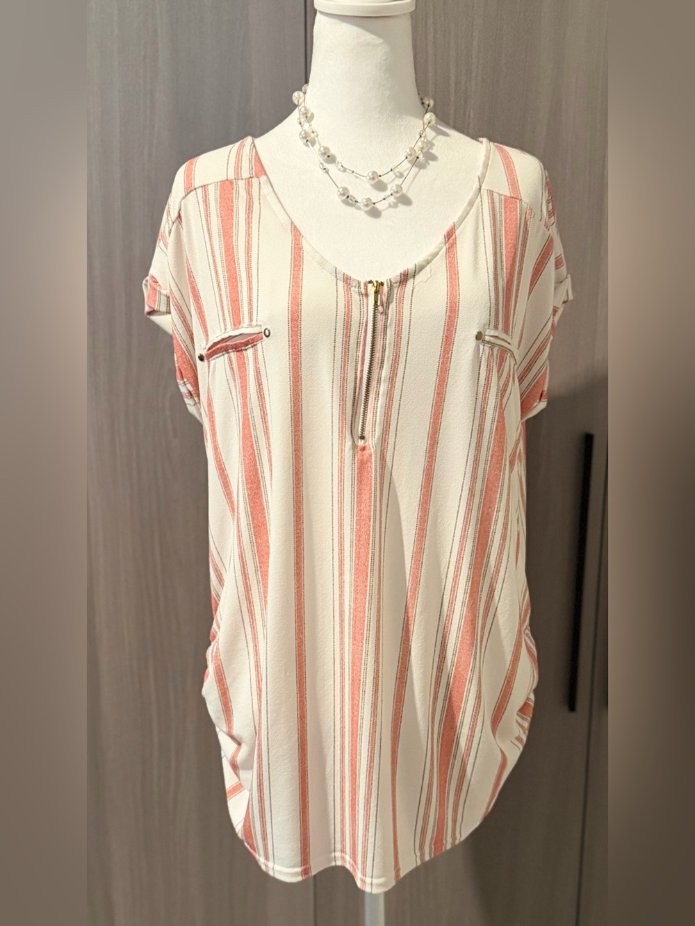 Sweet Wanderer Cream and Coral Striped Quarter Zip-Front Blouse